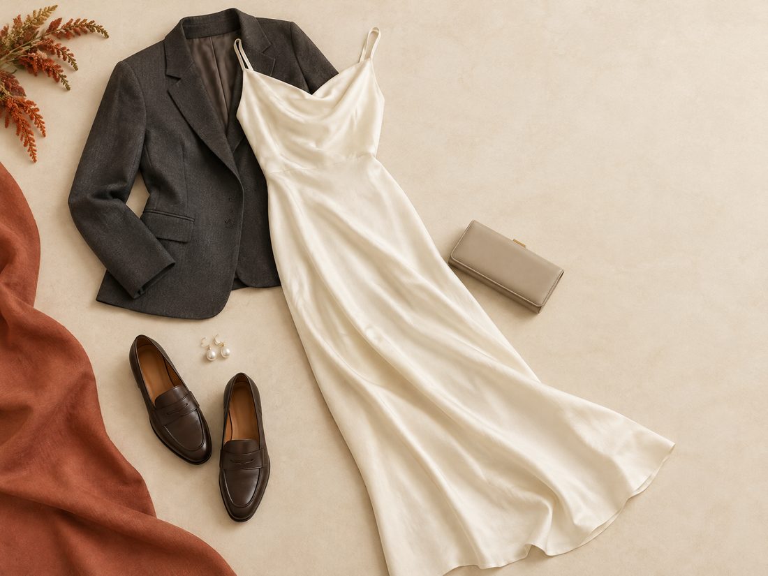 Neutral rehearsal dinner outfit details including an ivory dress, jacket, shoes, and accessories