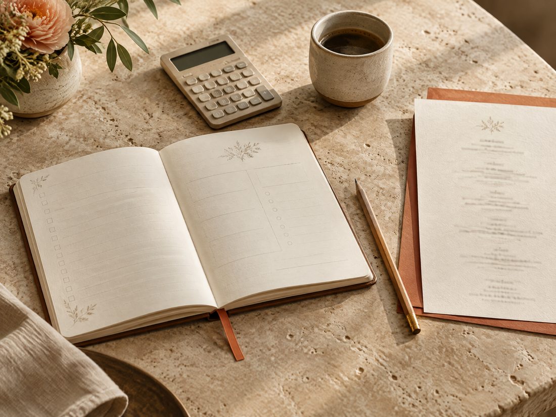 A planning notebook, calculator, pencil, and restaurant menu on a stone table