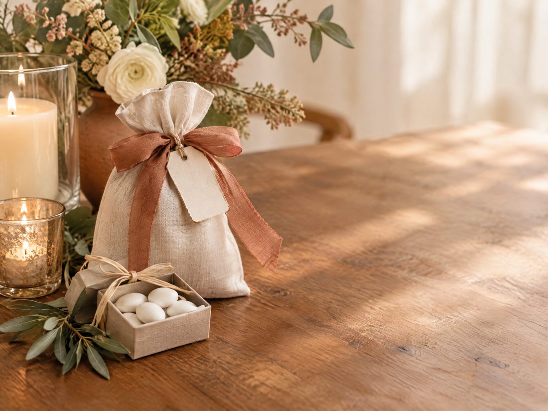 A linen gift bag, ribbon, candle, and simple rehearsal dinner favor on a wood table