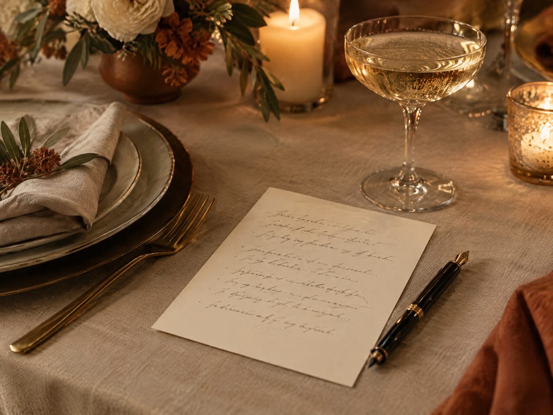 A handwritten speech card, fountain pen, champagne coupe, and place setting at a candlelit table